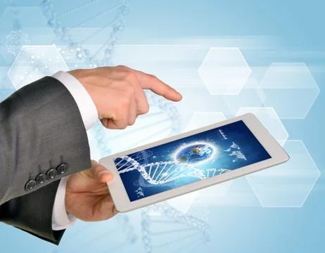Man hands using tablet pc. Image of Earth and DNA helix on screen Illustrazione stock