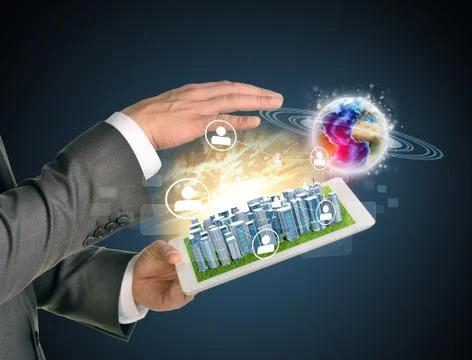Man hands using tablet pc. Business city on touch screen. Earth with network  Foto stock