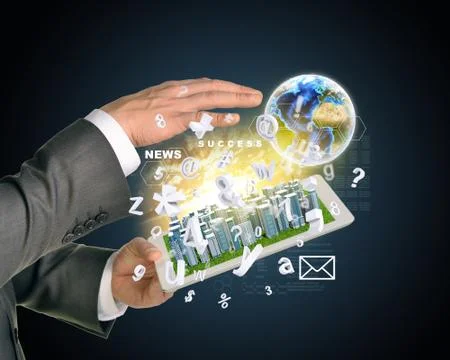 Man hands using tablet pc. Business city on touch screen. Earth with flying l Foto stock