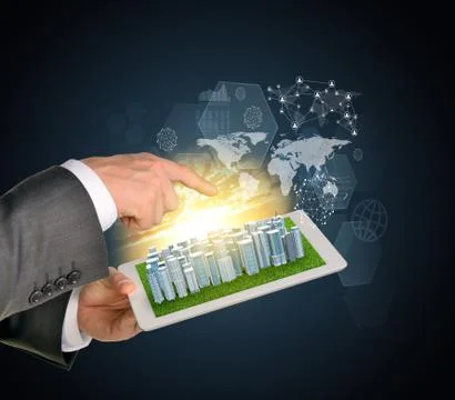 Man hands using tablet pc. Business city on touch screen. Virtual elements ne Stock Photos