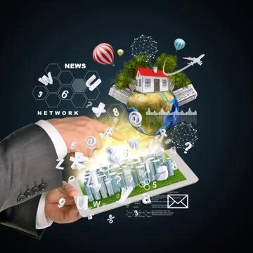 Man hands using tablet pc. Business city on touch screen. Earth with buildings a Foto stock