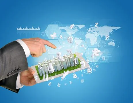 Man hands using tablet pc. Business city on touch screen Foto stock