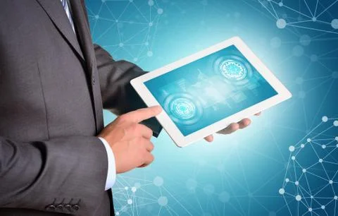 Man hands using tablet pc. Virtual elements on touch screen Stock Photos