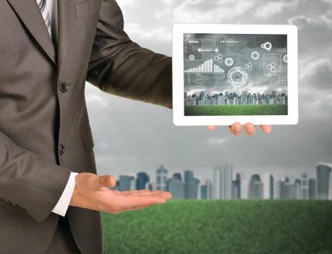 Man hands using tablet. Virtual elements on touchscreen Stock Photos