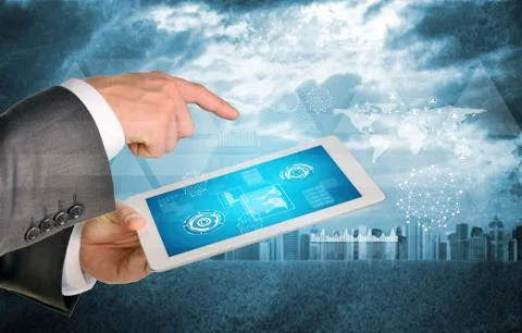 Man hands using tablet. Virtual elements on touchscreen Foto stock