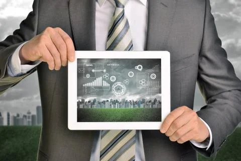 Man hands using tablet. Virtual elements on touchscreen Stock Photos