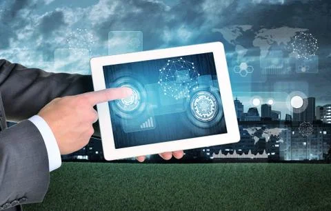 Man hands using tablet. Virtual elements on touchscreen Stock Photos