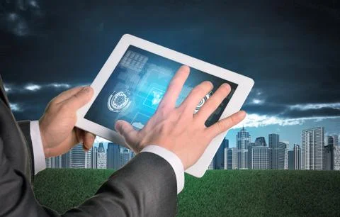 Man hands using tablet. Virtual elements on touchscreen Stock Photos
