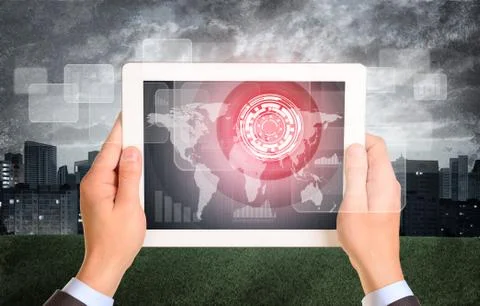 Man hands using tablet. Virtual elements on touchscreen Stock Photos