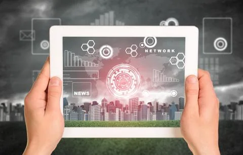 Man hands using tablet. Virtual elements on touchscreen Foto stock