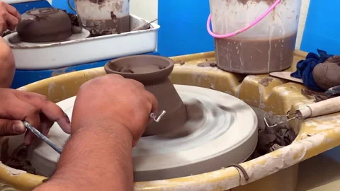 Man hands working process and making vase on pottery wheel. 스톡 동영상 337211225