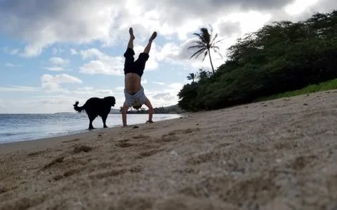 Man Handstands on beach with black dog next to him as wave roll on to shore Stock Photos