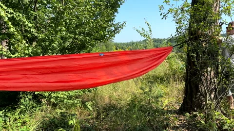 Man hang up hammock between car and tree Stock Footage 255017555