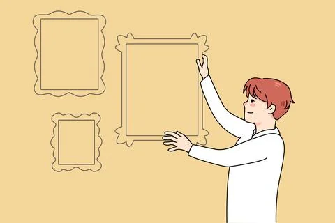 Man hanging frames on wall Stock Illustration