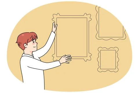 Man hanging frames on wall イラスト素材