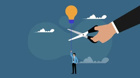 Man Hanging on to an Idea, Threatened by Scissors cartoon animation Stock Footage 302529133