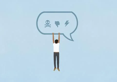 Man hanging from text message speech bubble with negative icons Illustrazione stock