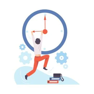 Man hangs on the arrow of a huge clock. Vector illustration. 스톡 일러스트