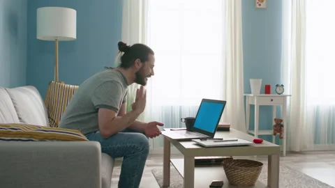 Man Is Happy to Communicate Online Stock Footage 130449925