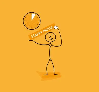 Man with happy hour panel with clock Stock-Illustration