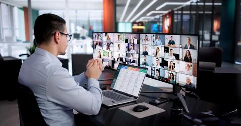 Man Happy Using Kanban Software In Virtual Digital Marketing Meeting. Stock Photos
