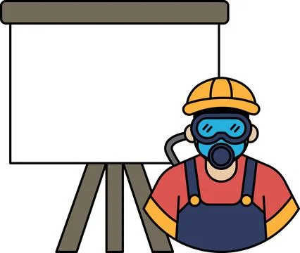 A man in a hard hat and goggles is standing in front of a white board Stock Illustration