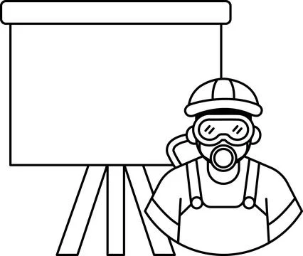 A man in a hard hat and goggles is standing in front of a white board Stock Illustration