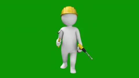 Man hard hat holding hammer person wearing tool 3d cell phone green screen Stock Footage 314067895