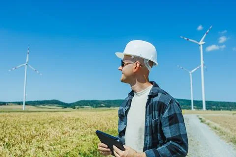 Man in a hard hat observes wind turbines in a field during a sunny day Stock Photos