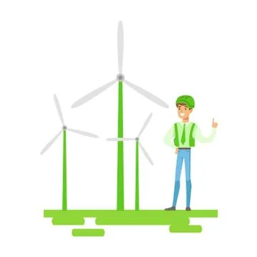Man In Hard Hat Standing Next To Wind Power Turbines , Contributing Into 스톡 일러스트