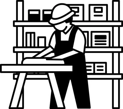 A man in a hard hat is working on a table Stock Illustration