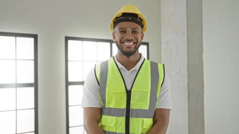 Man in hardhat and reflective vest smiling with face visible, standing by c.. Stock Footage 337439512