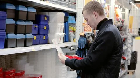 A man in a hardware store choosing a toolbox. Customer comparing plastic storage Stock Photos