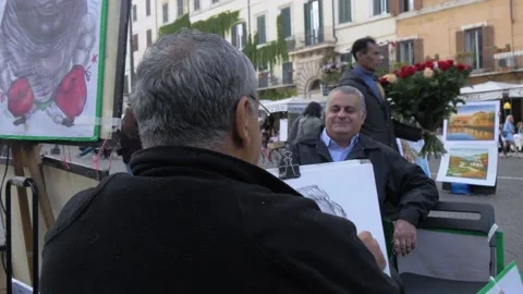Man Has Caricature Made In Piazza Navona, Rome, Italy Stock Footage 155018445