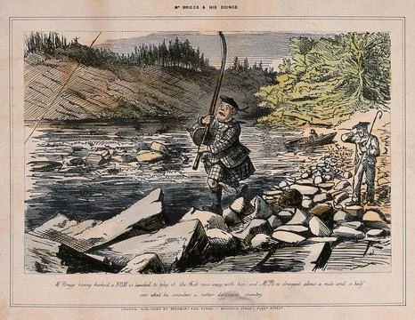 A man has caught a fish on the end of his line, but the fish is so strong t.. Stock Illustration