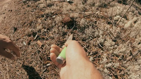 A man has found a white mushroom in the forest. Stock Footage 159726447