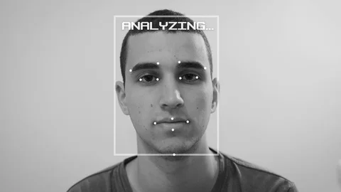 Man has his face emotion detected by artificial intelligence as happy Stock Footage 107716088