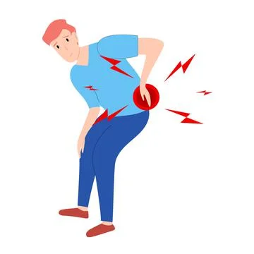 Man has low back pain and sciatica from a herniated disc. Medical diagrams ab Stock Illustration