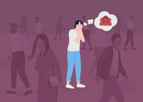 Man has panic attack in crowd flat color vector illustration 库存插图