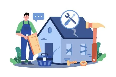The Man Has Repaired The Old House For Rent Stock Illustration