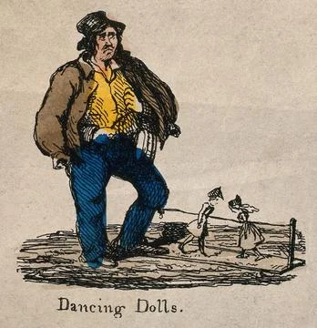A man has two dancing dolls on a board, controlled by a string attached to .. Stock Illustration
