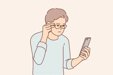 Man has vision problems and reads SMS message in small print on phone, adjusting Stock Illustration