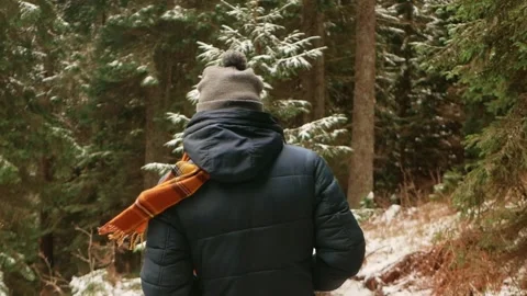 Man in hat and down jacket with scarf walks through forest in mountains, winter Video stock 234860732