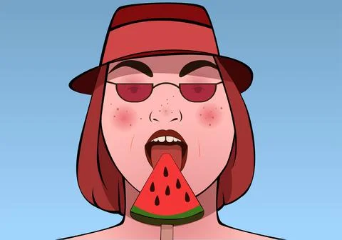 A man in a hat and glasses with an open mouth eats ice cream Stock Illustration