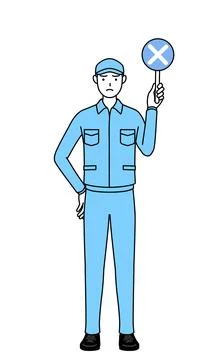 Man in hat and work clothes holding a placard with an X indicating incorrec.. Stock Illustration