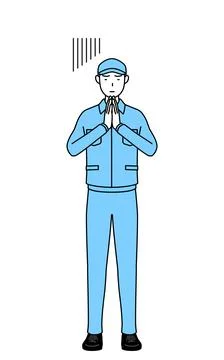 Man in hat and work clothes apologizing with his hands in front of his body. Stock Illustration