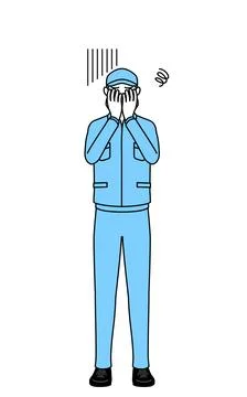 Man in hat and work clothes covering his face in depression. イラスト素材