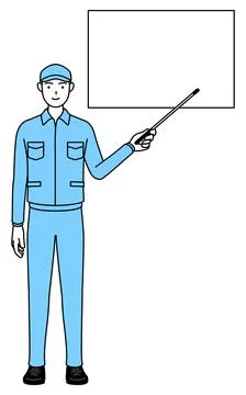 Man in hat and work clothes pointing at a whiteboard with an indicator stick. Illustrazione stock