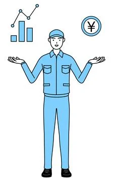 Man in hat and work clothes guiding an image of DX, performance and sales i.. Stock Illustration