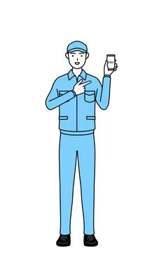 Man in hat and work clothes recommending cashless online payments on a smar.. Stock Illustration